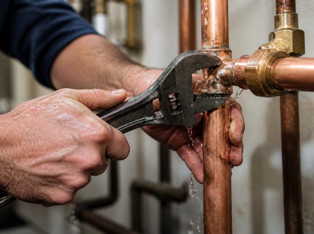 Plumber fixing a leaking copper pipe