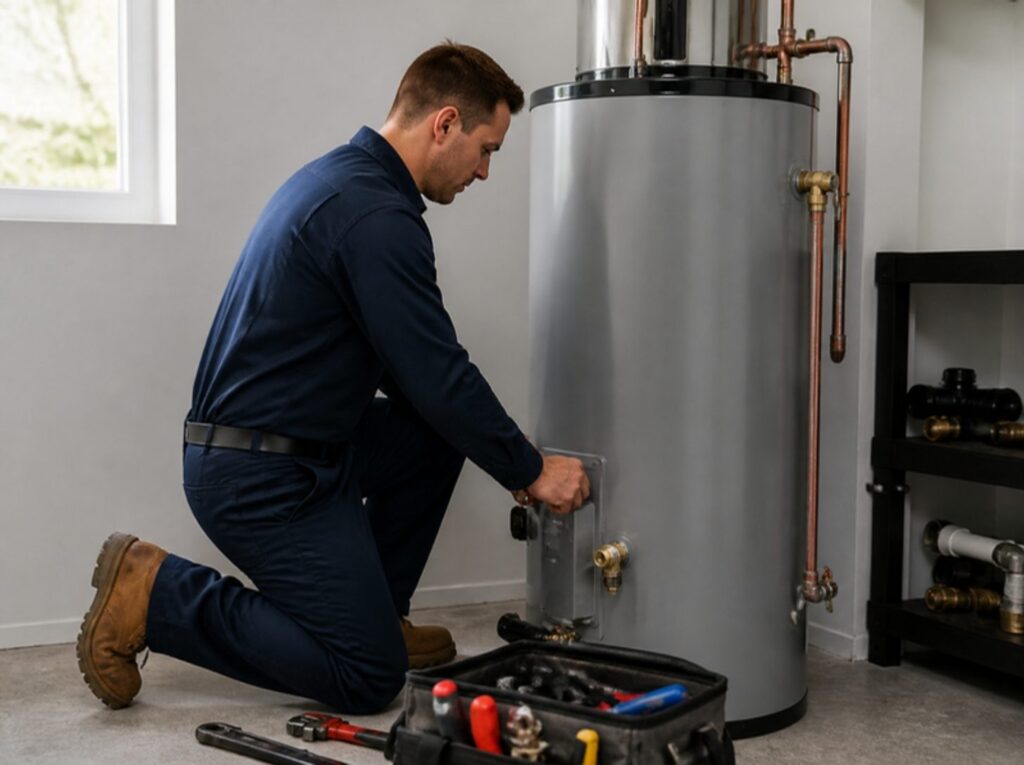 Plumber installing a new water heater
