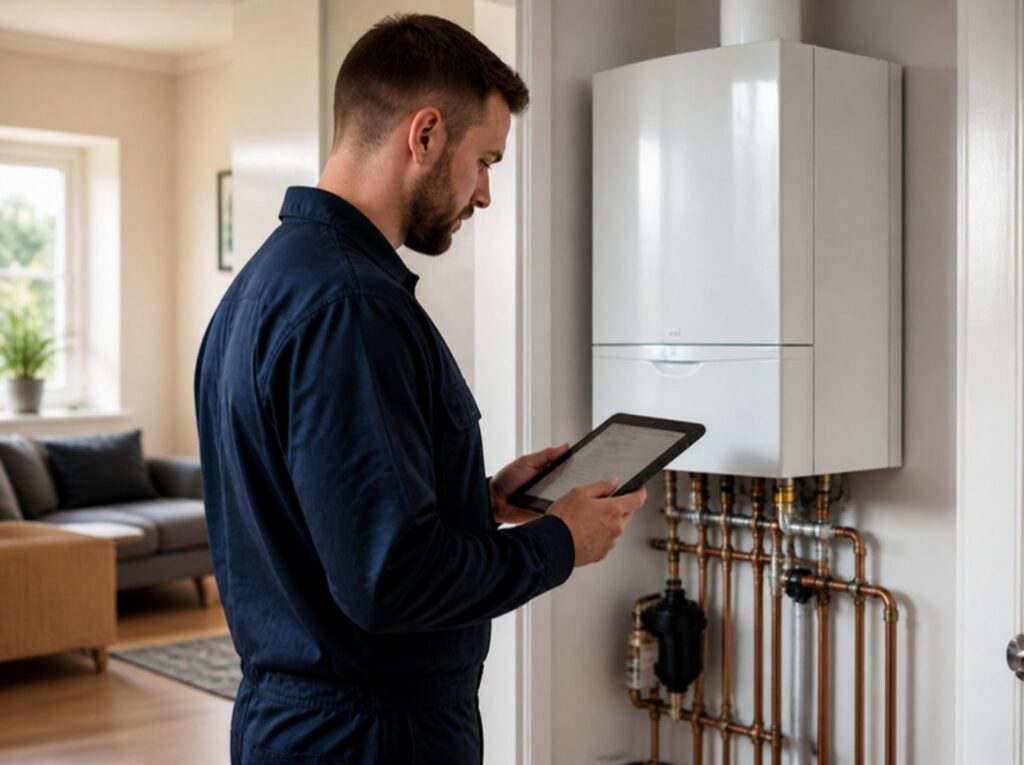 Plumber inspecting a boiler during a maintenance visit