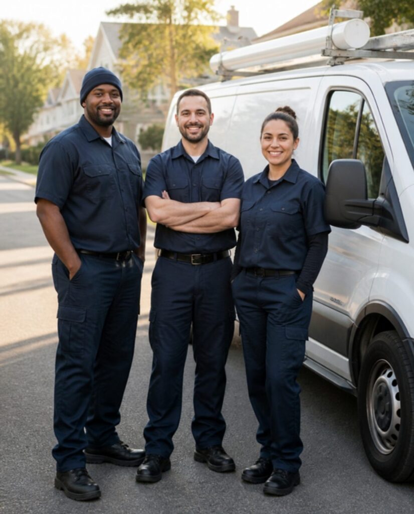 Plumbing team standing next to a service van